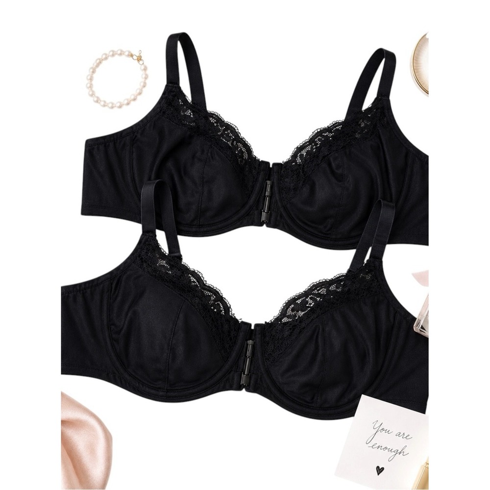 Glamorise WonderWire Front Close Lace Bra Set of 2 Black 48C Plus Size Bra